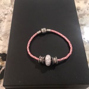 Pandora pink leather bracelet with 3 charms